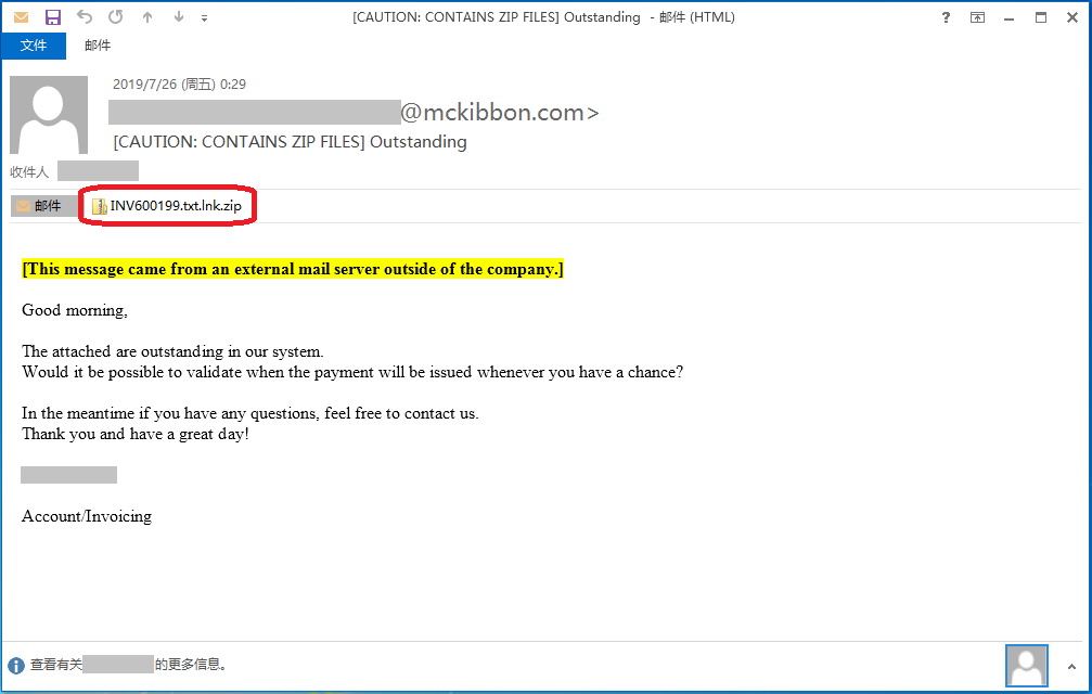 Malspam email sample